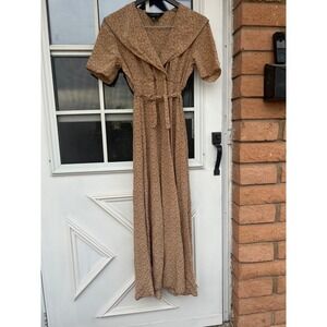 VTG J Peterman Silk Maxi Dress Tan Floral Shawl Collar Sz 8 Cottagecore Modest